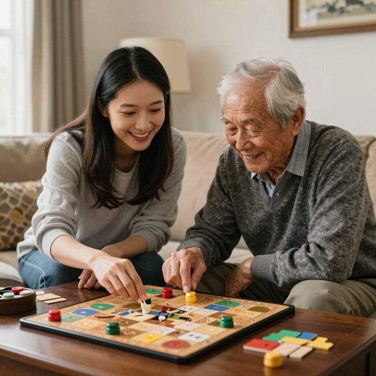 A caregiver and a senior citizen sharing a joyful moment over a board game in a classic North American / US living room.
