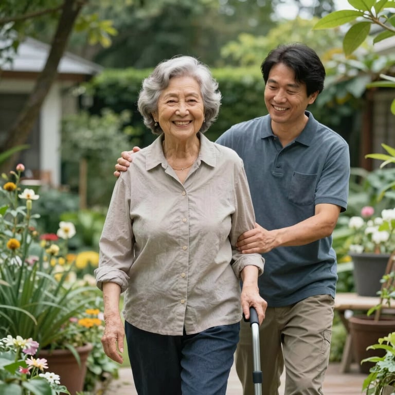 A senior woman smiling warmly while walking in a lush North American / US garden with the support of a caregiver.