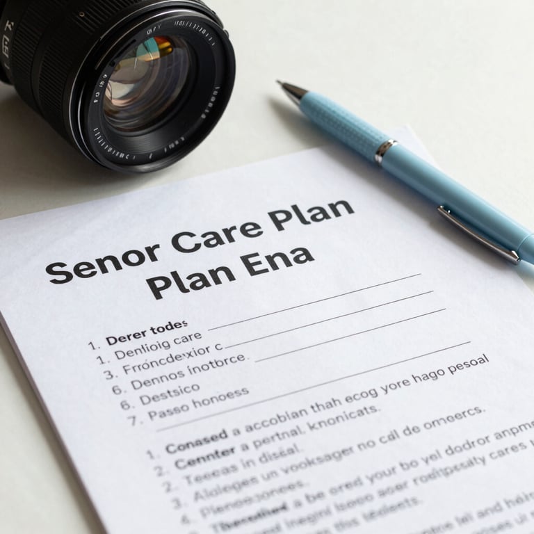 A close-up of a personalized senior care plan sitting on a table with a Pale Sky Blue pen and Mist White background.