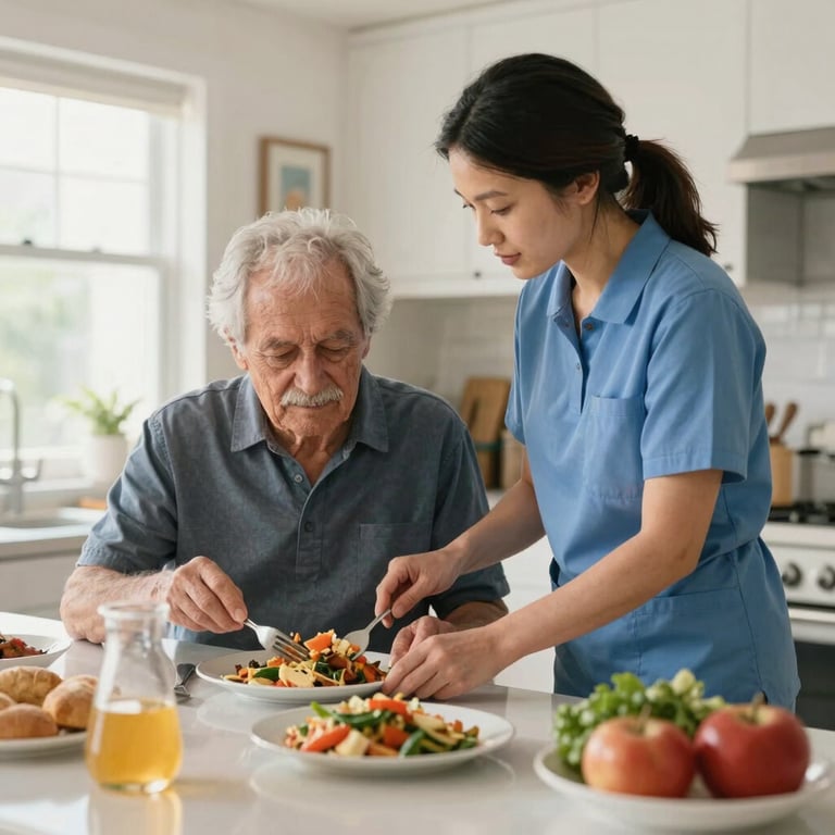 A caregiver helping an elderly individual in a bright North American / US kitchen with meal preparation, emphasizing dignified assistance.