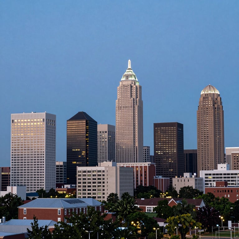 A wide-angle landscape photograph of the Charlotte, North Carolina city skyline at dusk, highlighting the modern architecture and professional hub.