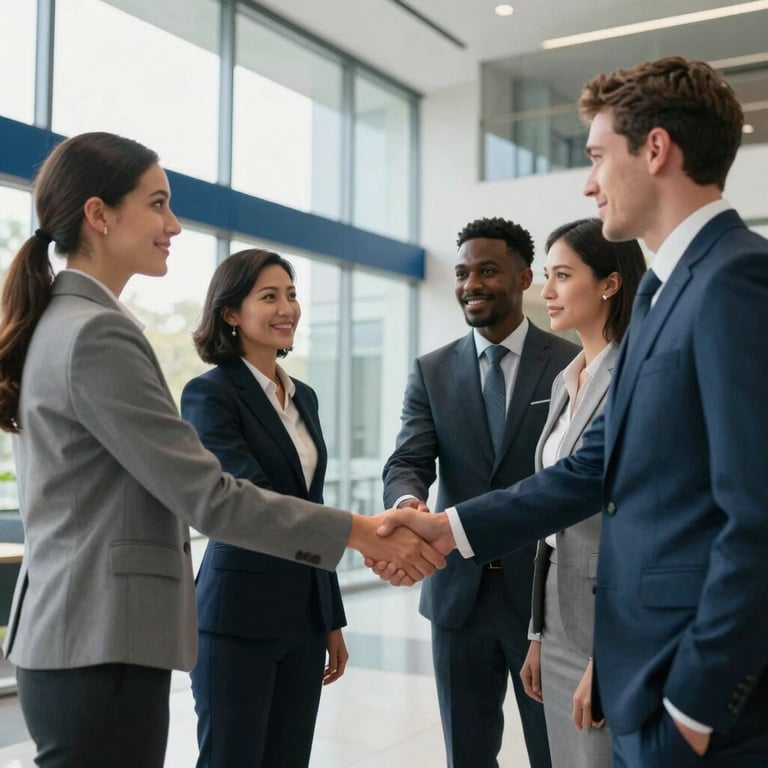 A diverse group of North American / US professionals shaking hands in a bright, modern lobby with floor-to-ceiling glass walls and navy blue accents.