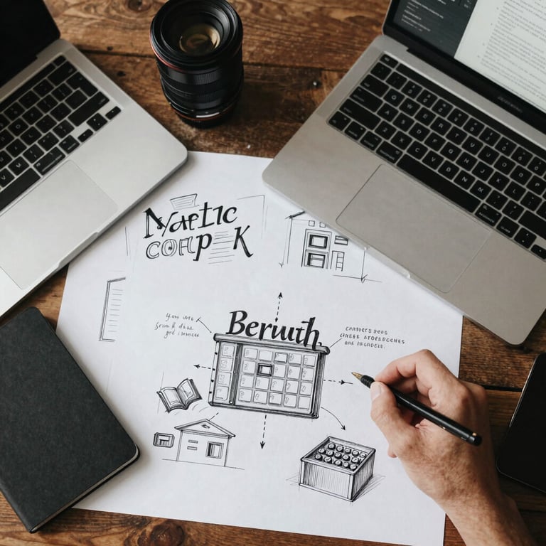 A top-down view of a designer's workspace with branding sketches and digital marketing tools, showcasing creative growth and strategy.