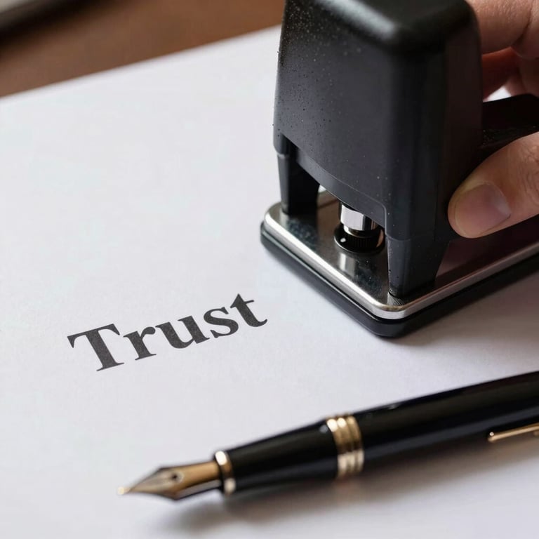 A close-up of a professional notary embosser and a fountain pen on high-quality white parchment, conveying trust and legal authority.