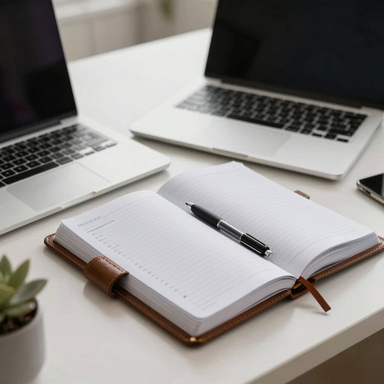 A clean, organized home office setup in a North American / US residence, featuring a silver laptop and a leather-bound financial planner.