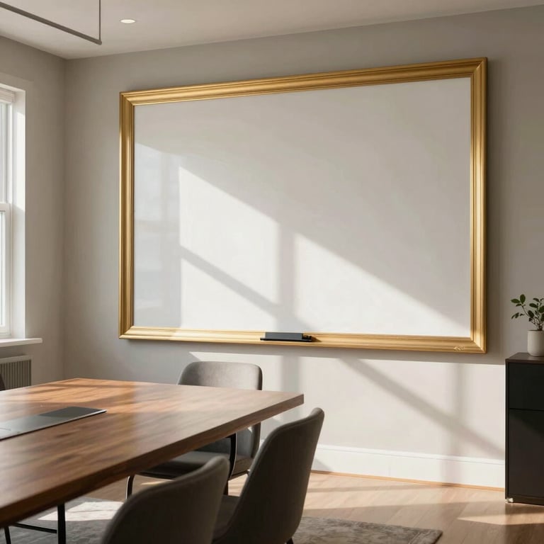 An elegant, sun-drenched meeting room in North Carolina with a gold-framed whiteboard and minimalist furniture.