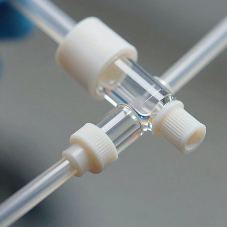 Macro shot of infusion set tubing and connectors showing flawless material quality and transparency.