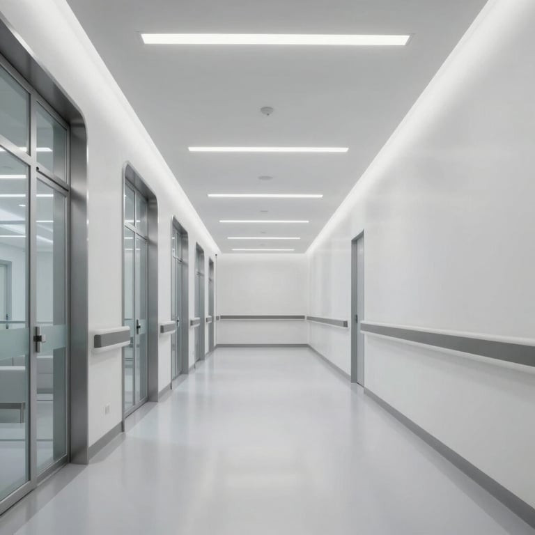 A modern hospital corridor with architectural lines in Silver and Cloud White, embodying a futuristic and clean medical atmosphere.