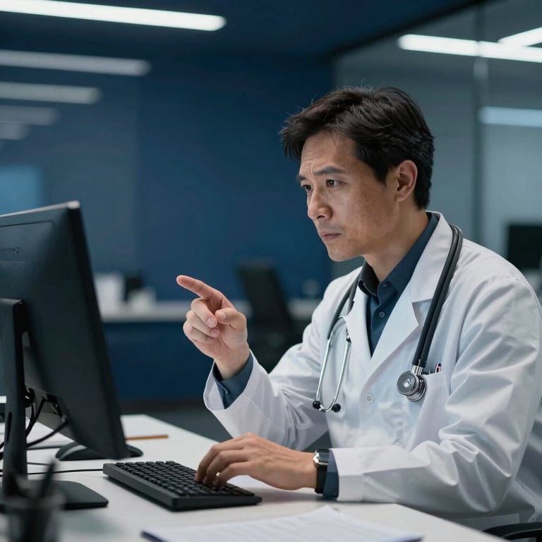 A professional medical consultant discussing technology with a colleague in a high-tech office with Midnight Blue accents. Global / International.