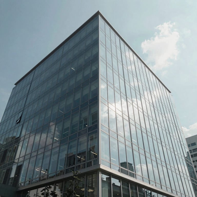 A low-angle shot of a sleek, glass-walled medical technology headquarters reflecting a bright sky, symbolizing credibility and innovation.