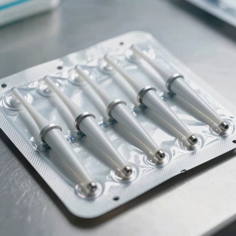 A detailed shot of sterile-packaged cannulas organized on a Silver metallic surface, reflecting high-quality production standards.