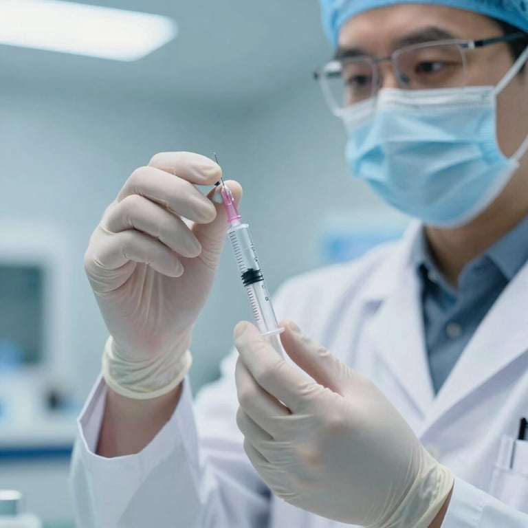 A close-up of a medical professional in a sleek lab coat examining a high-precision syringe. Soft Azure Blue lighting in a sterile environment. Global / International.