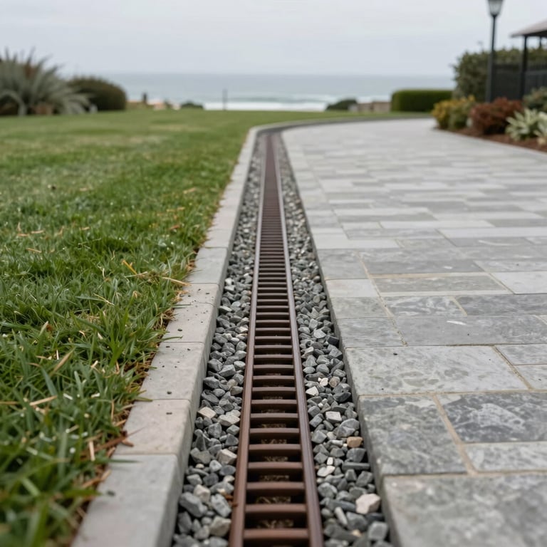 Neatly routed drainage gravel and a clean French drain installation alongside a manicured lawn and stone driveway, soft overcast coastal light.