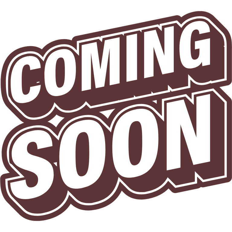 Bold, 3D tilted graphic text reading "COMING SOON" in white with a dark brown shadow and outline.