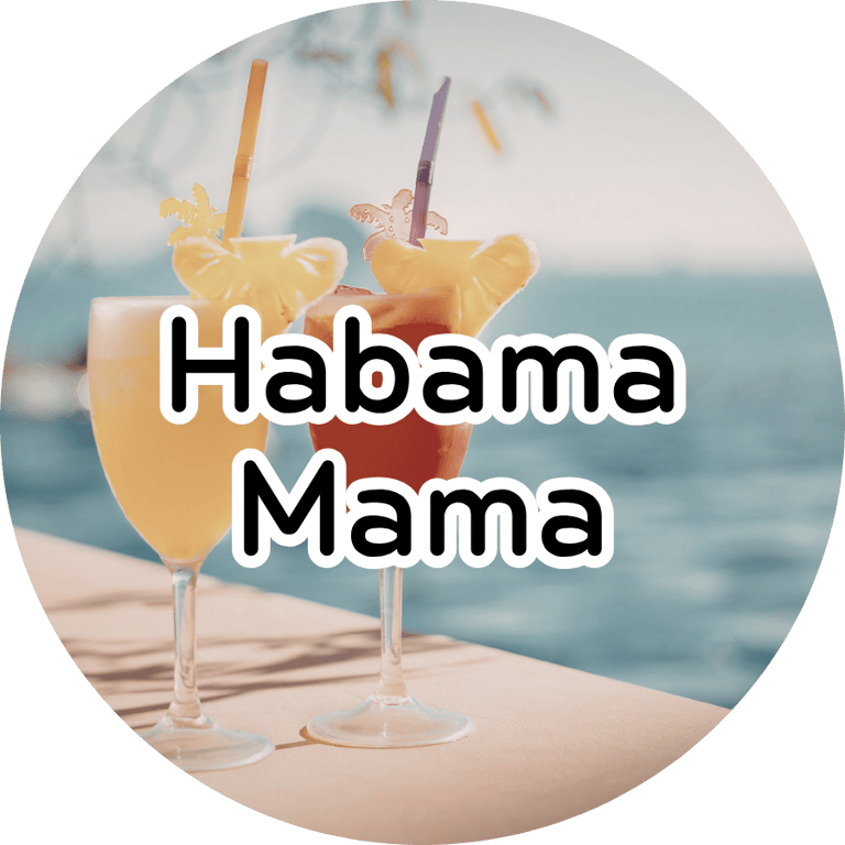 Two tropical cocktails by the water with text reading Habama Mama, capturing a sunny, summery fragrance vibe. 
