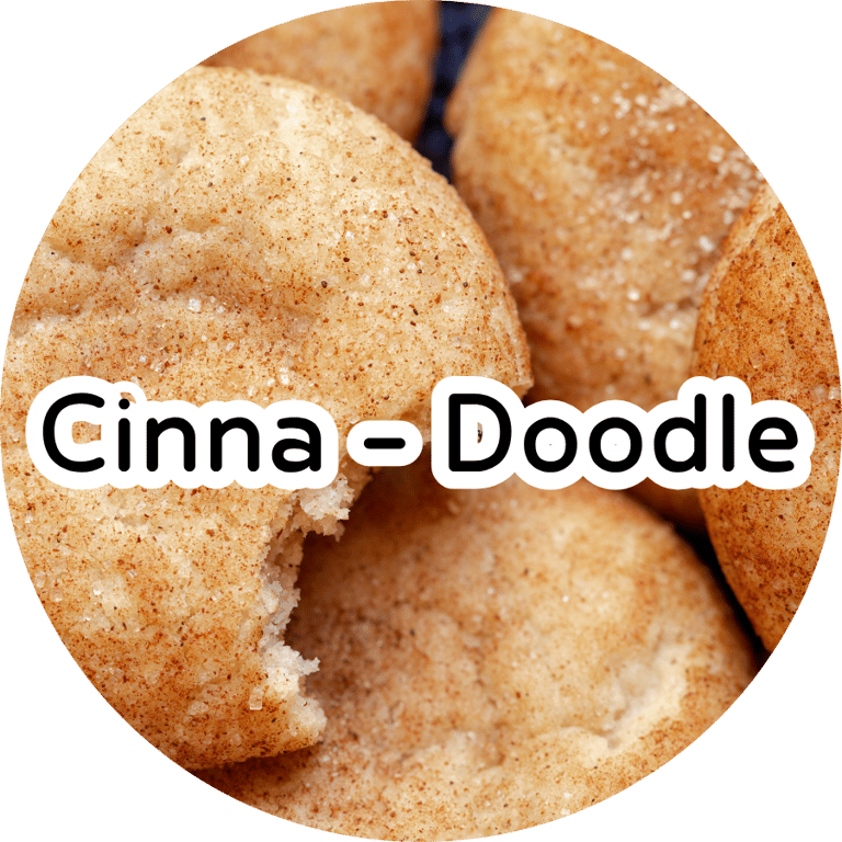 Cinnamon sugar snickerdoodle cookies with a bite taken out and text reading "Cinna - Doodle."