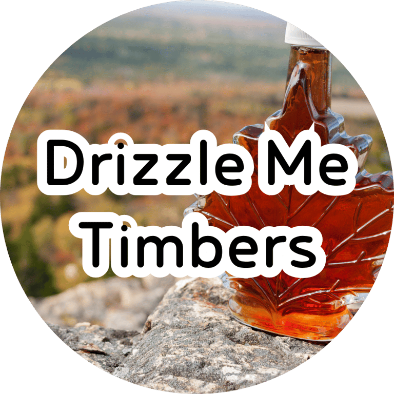 Maple leaf glass bottle filled with syrup on a rock with overlay text reading "Drizzle Me Timbers."