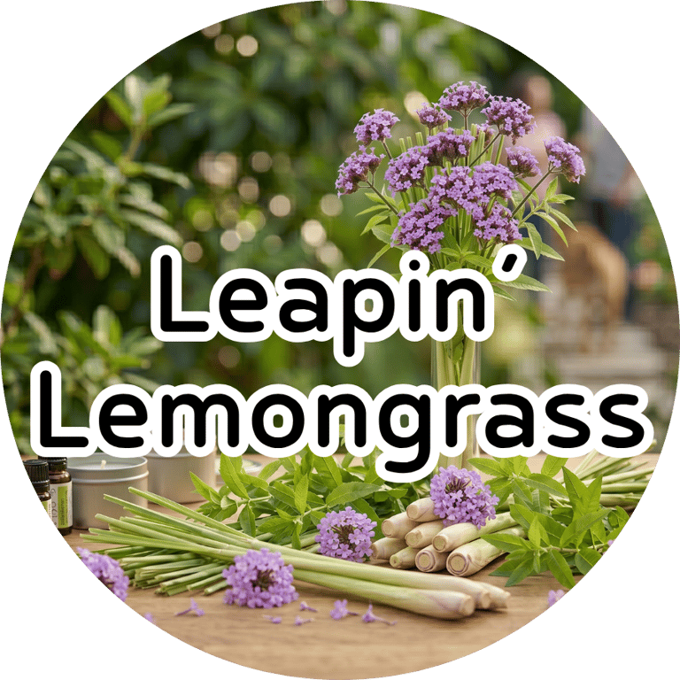 Stalks of lemongrass and purple flowers with white overlay text reading "Leapin' Lemongrass." Fresh and herbal vibe.