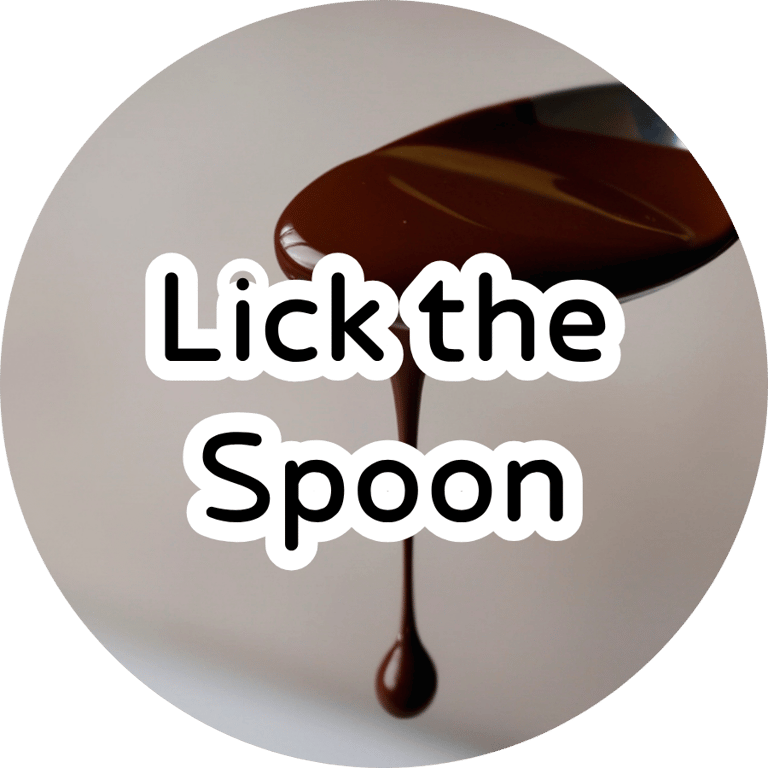 Rich melted fudge dripping off a spoon with white overlay text reading "Lick the Spoon." Decadent chocolate vibe.