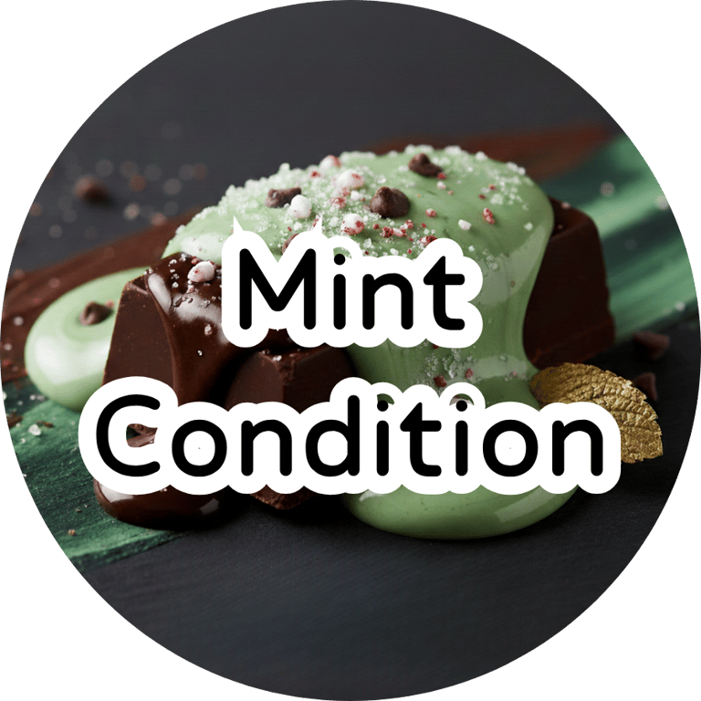 Dark chocolate with creamy green mint icing and sprinkles under text reading "Mint Condition." Rich dessert vibe.
