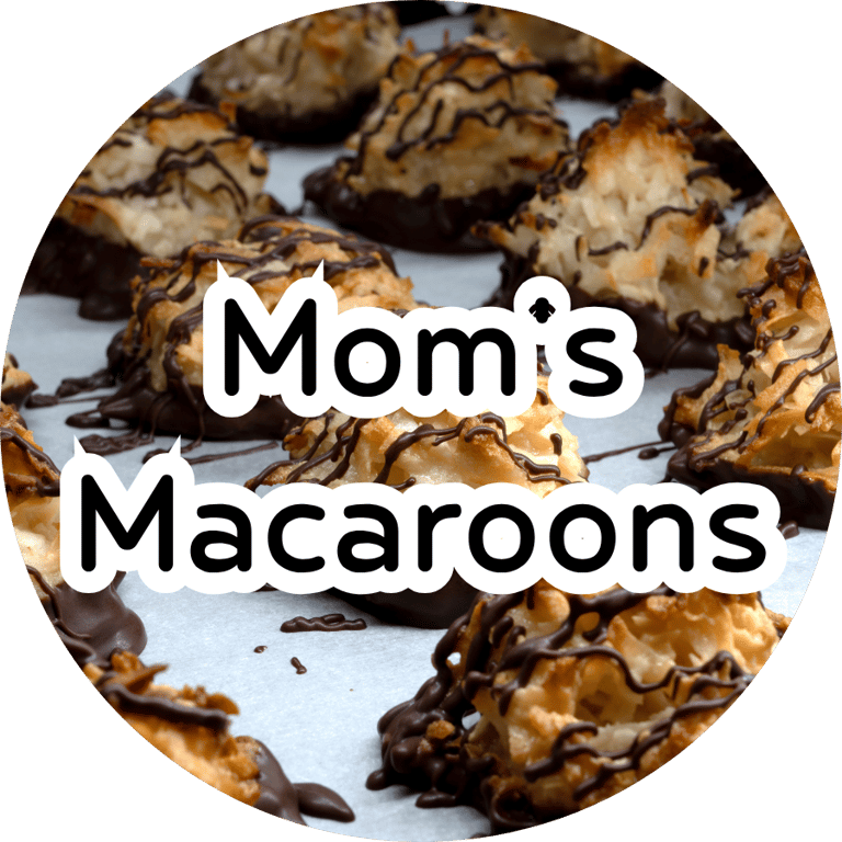 Toasted coconut macaroons drizzled with dark chocolate and overlay text reading "Mom's Macaroons."