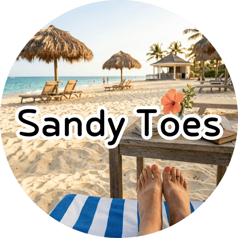 A first-person view of feet on a beach lounge chair looking out at a sandy shore with thatched umbrellas and the ocean.
