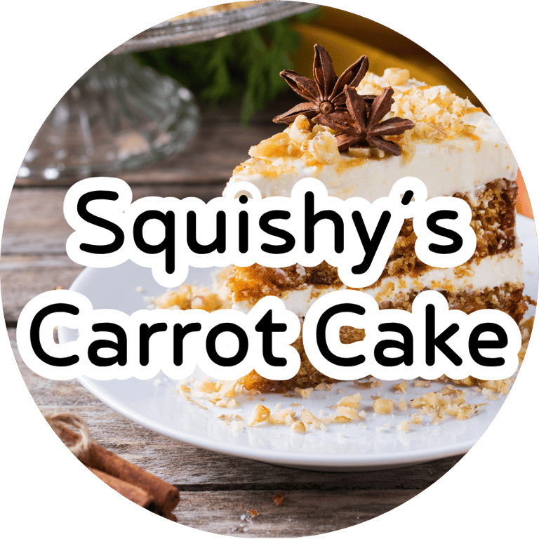 Slice of carrot cake with cream cheese frosting, nuts, and star anise with text reading "Squishy's Carrot Cake."