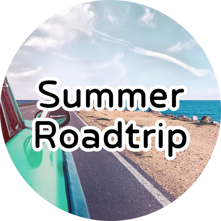 Coastal road and ocean seen from a vintage car window with text reading "Summer Roadtrip."