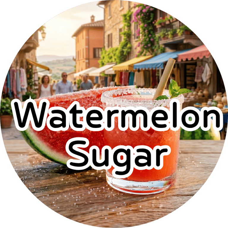 A sugar-rimmed watermelon drink with a straw next to a fresh watermelon slice, with a sunny European street behind.