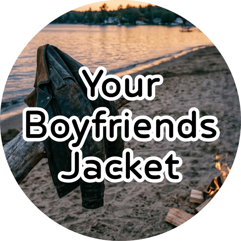 A leather jacket draped over driftwood on a sandy beach at sunset, with a small campfire burning by the water.