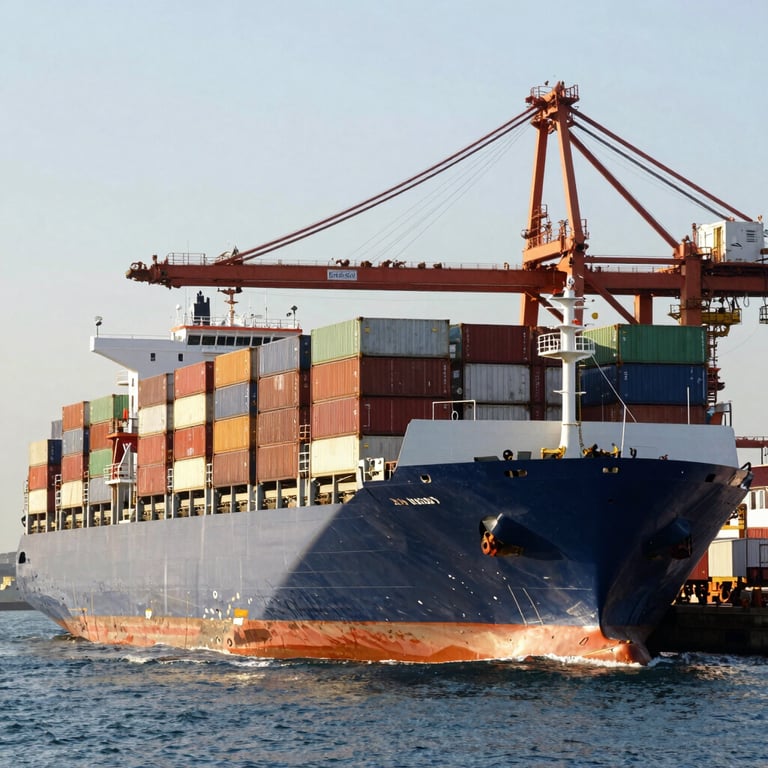 A large container ship arriving at a bright Spanish port during the morning, showing efficient maritime operations.