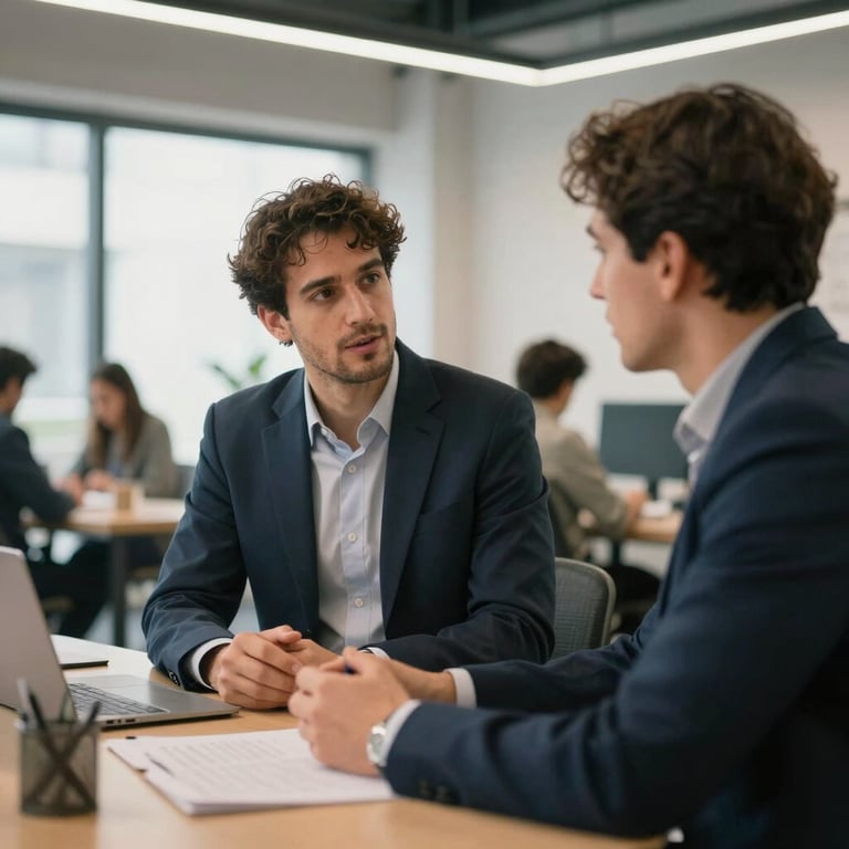 A candid shot of two business professionals talking in a modern, light-filled Spanish coworking space.