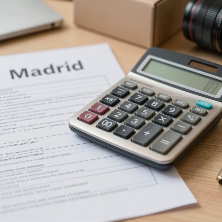 Close-up of a professional desk in an office in Madrid with a calculator and shipping documents.