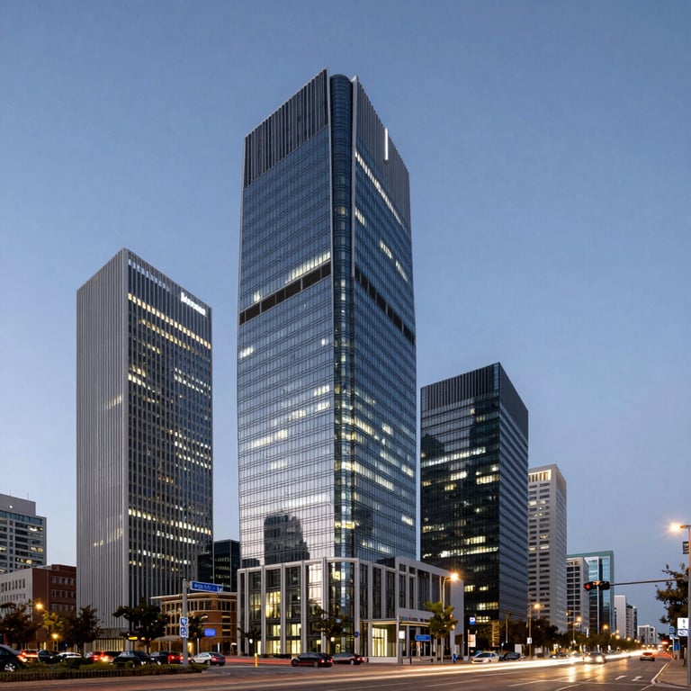 A professional architectural shot of a modern business district in Spain during twilight.