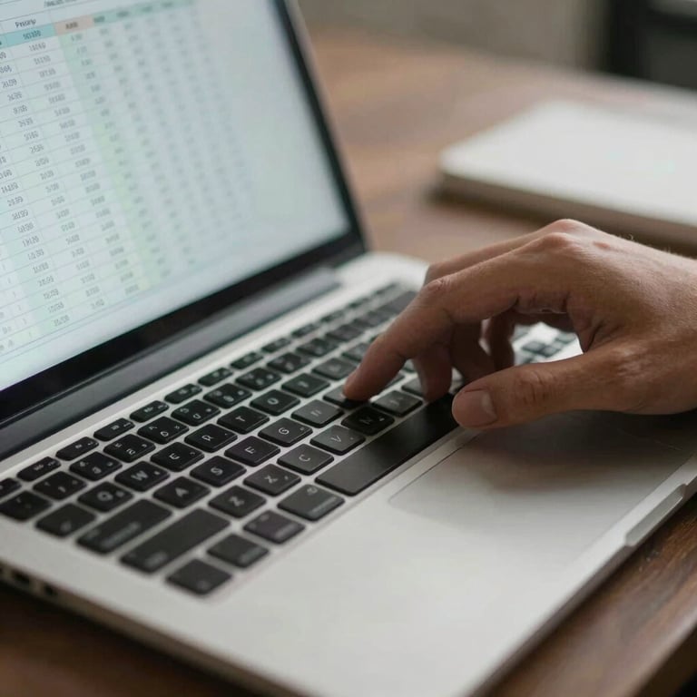 Close-up of a person's hands analyzing a profit spreadsheet on a modern laptop.