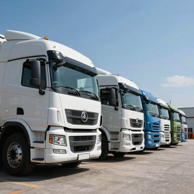 High-quality shot of logistics trucks lined up at a distribution center under a clear blue sky.