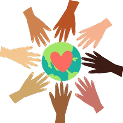 Diverse hands around a globe with a heart in the middle