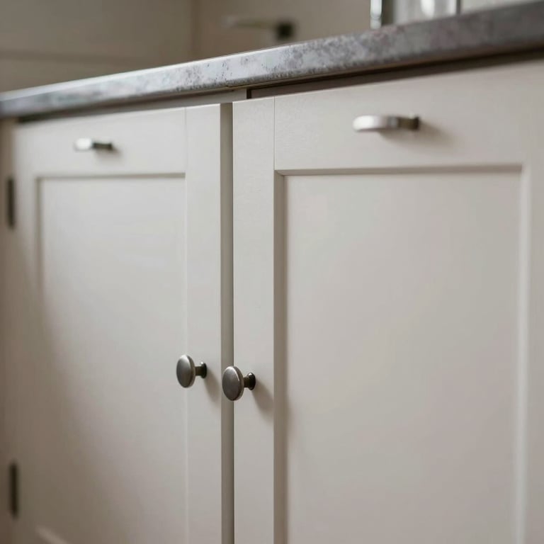 A series of newly installed kitchen cabinets showing expert craftsmanship and clean lines.