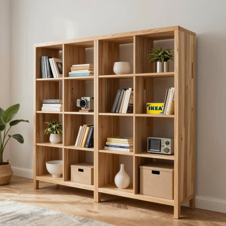 An assembled IKEA living room shelving unit, perfectly aligned and stable in a bright Gulf home.