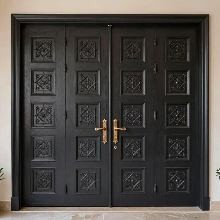 A professionally installed set of dark charcoal interior doors in a luxurious Middle Eastern villa.
