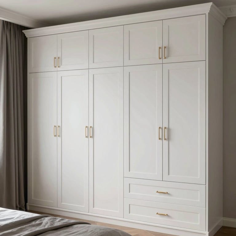 A large custom-built white wardrobe with elegant handles, perfectly fitted into a modern bedroom.