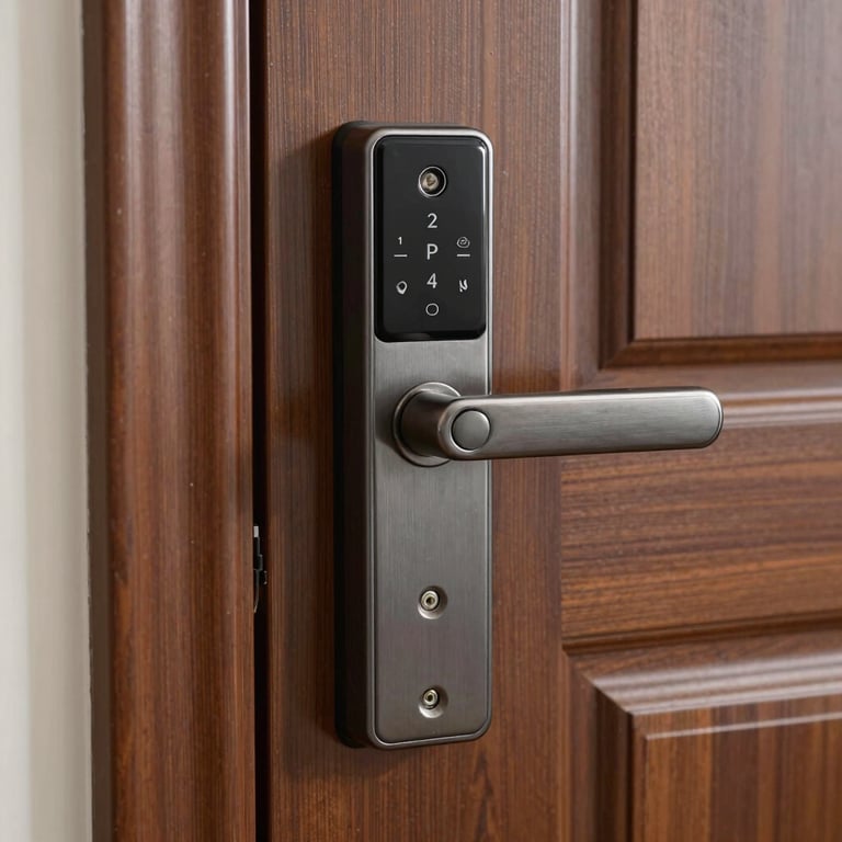 A close-up of a new high-security door lock installed on a polished muted brown wooden door.