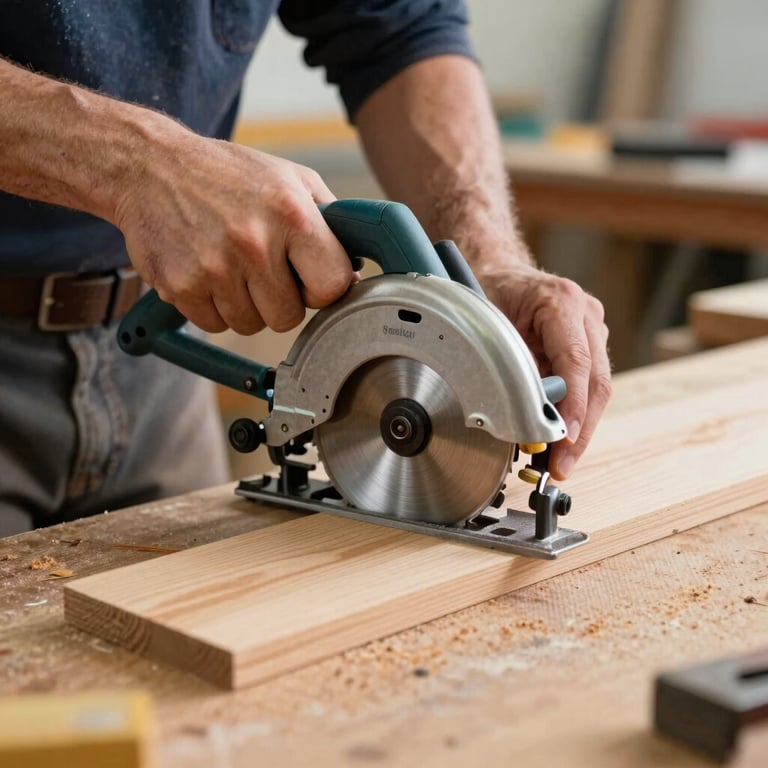 A carpenter's hands precisely cutting a wooden board with a circular saw in a clean workshop.