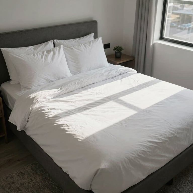 High-angle shot of a bright, modern Airbnb bedroom in Orlando, perfectly made bed with crisp white linens and a sunlit atmosphere.
