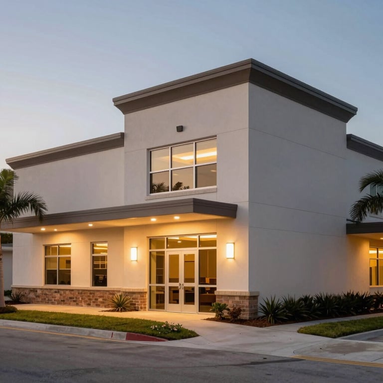 Exterior of a well-maintained commercial property in Florida at dusk, warm professional lighting and streamlined architecture.