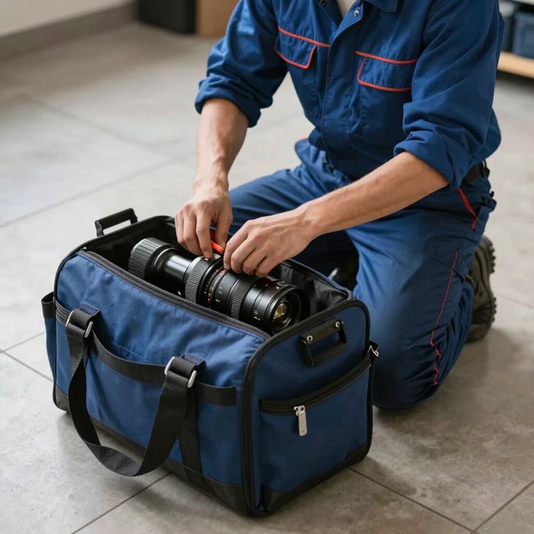 A professional handyman organized tool bag sitting on a clean tile floor, focused and professional composition with Shadow Blue tones.