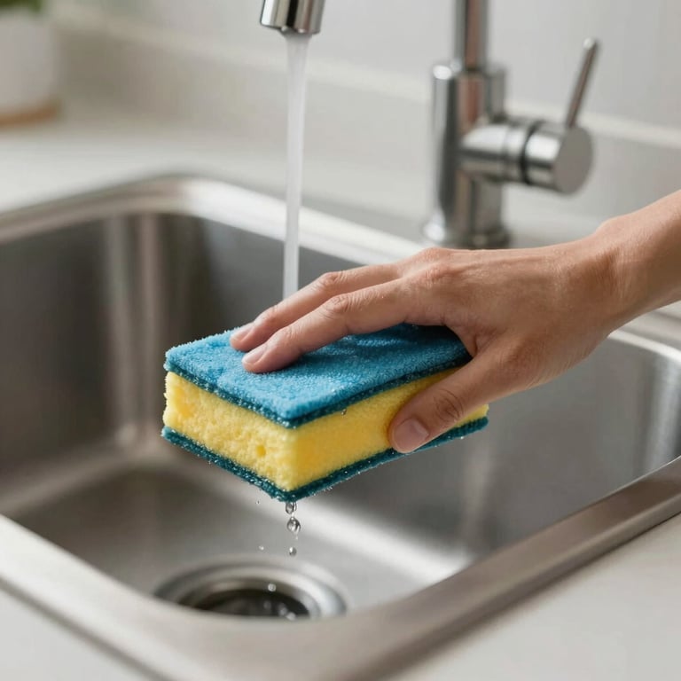Detail shot of a kitchen sink area being cleaned to a high shine in a contemporary North American house, emphasizing immaculate maintenance.