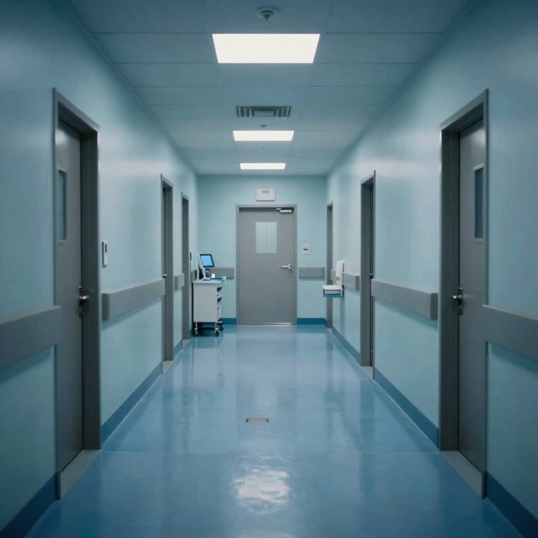 Photography of a sterilized medical clinic hallway at night, North American setting, gleaming floors with soft Oxford blue lighting reflecting on the surfaces.