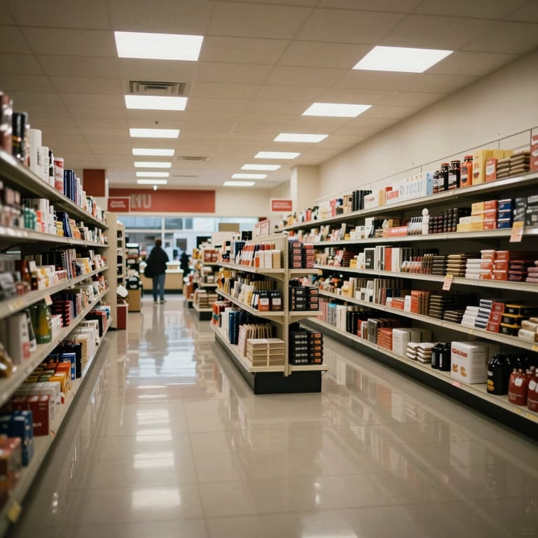 A retail store interior after hours, wide shot of polished floors reflecting the overhead lights, North American architecture with clean lines.