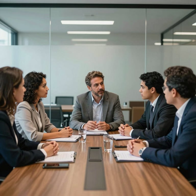 Group of Brazilian office professionals discussing communication strategy in a modern glass boardroom.